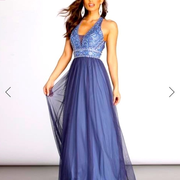 NWT WINDSOR TAJI HALTER APPLIQUE MESH BALL GOWN 5 - Picture 1 of 8
